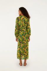 Green Forest Parrots Long Sleeve Midi Dress