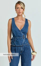 Eleonor Top - Denim V Neck Vest Top with Tie Waist in Mid Blue Wash