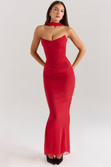 holly red mesh maxi skirt with fluted hem