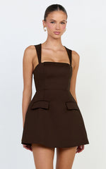 Garrett Mini Dress - Square Neck Fit And Flare Dress in Dark Chocolate