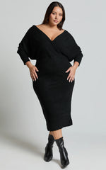Sheika Midi Dress - Long Sleeve Off Shoulder Knit Dress in Black