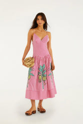 Pink Palm Tree Stripes Cutwork Midi Dress