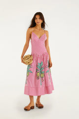 Pink Palm Tree Stripes Cutwork Midi Dress