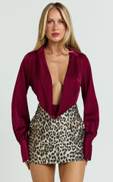 Zephyr Bodysuit - Plunge Neck Cowl Bodysuit in Wine