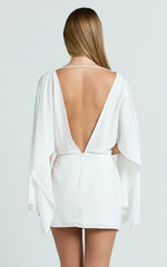 Zoey Mini Dress - Wide Sleeve Tie Skirt Dress in Ivory