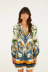 Sand Tropical Graphic Lace Ruffled Mini Dress