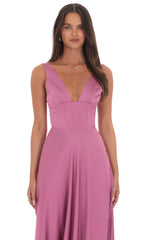 Satin Plunge Neck Corset Maxi Dress in Mauve
