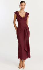 Zena Midi Dress - Cowl Neck Tie Detail Dress in Wine