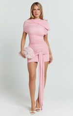 Nicolette Mini Dress - Ruched Short Sleeve Bodycon Dress in Blush