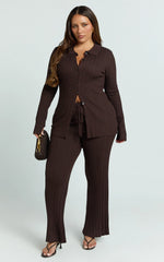 Kelsey Top - Button Through Long Sleeve Knitted Top in Chocolate