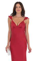 Satin Ruffle Open Maxi Dress in Red