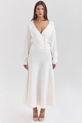 ivory wool mix flared midi skirt
