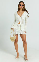 Henrietta Top - Long Sleeve Button Front V Neck Knit Top in Off White