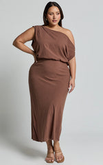 Jacqueline Midi Dress - Linen One Shoulder Dress in Chocolate