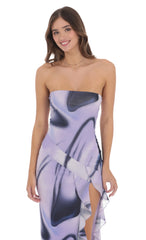 Swirl Mesh Strapless Ruffle Slit Dress in Purple