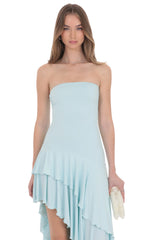 Strapless Ruffle Asymmetrical Maxi Dress in Mint