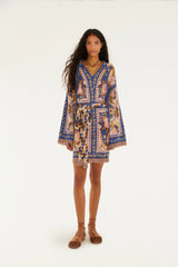 Blue Sea Garden Scarf Tassels Knit Mini Dress