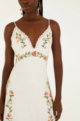 Off-White Flower Embroidery Asymetric Hem Midi Dress
