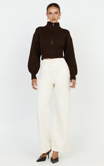 Gaia Jumper - High Neck Full Zip Cropped Jumper in Chocolate