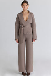 taupe wool wide leg trousers