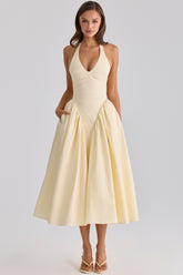 lemon cotton halter neck midi sundress