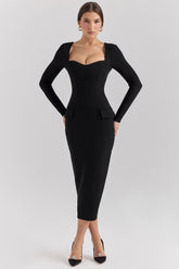 black stretch crepe long sleeve midi dress