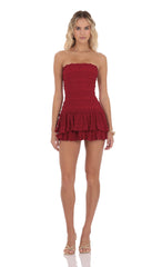 Strapless Lace Ruffle Dress in Red