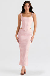 pink metallic floral satin midi skirt
