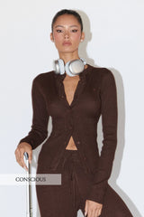 Indigo Top - Long Sleeve Button Down Knit Top in Chocolate