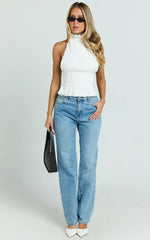 Erica Top - High Neck Halter Pleated Tie Back Top in Off White