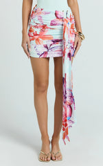 Fergie Mini Skirt - Ocean Orchid Print Gathered Drape Skirt in Ocean Orchid Print