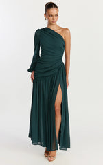 Grittah Maxi Dress - One Shoulder Bishop Sleeve High Split Ruched Dress in Emerald