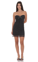 Polka Dot Embellished Mesh Strapless Dress in Black