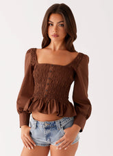 Joyce Long Sleeve Cotton Shirred Top - Chocolate