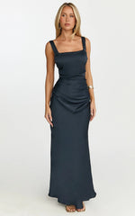 Rumi Maxi Dress - Ruched Bodice Satin Dress in Navy
