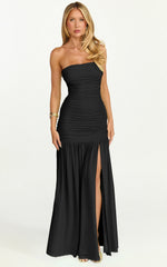 Marguerite Maxi Dress - Strapless Ruched Mesh High Leg Split Dress in Black