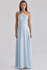 blue satin halter neck godet maxi dress