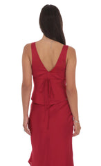 Satin V-Neck Top in Red
