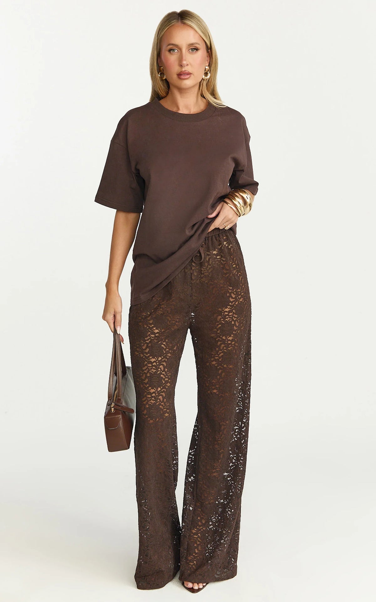 Roxy Pants - High Waist Lace Relaxed Drawstring Pants in Chocolate