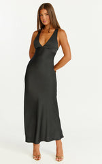 Khalani Maxi Dress - Deep V Neck Satin Slip Dress in Black