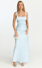 Rumi Maxi Dress - Ruched Bodice Satin Dress in Pale Blue