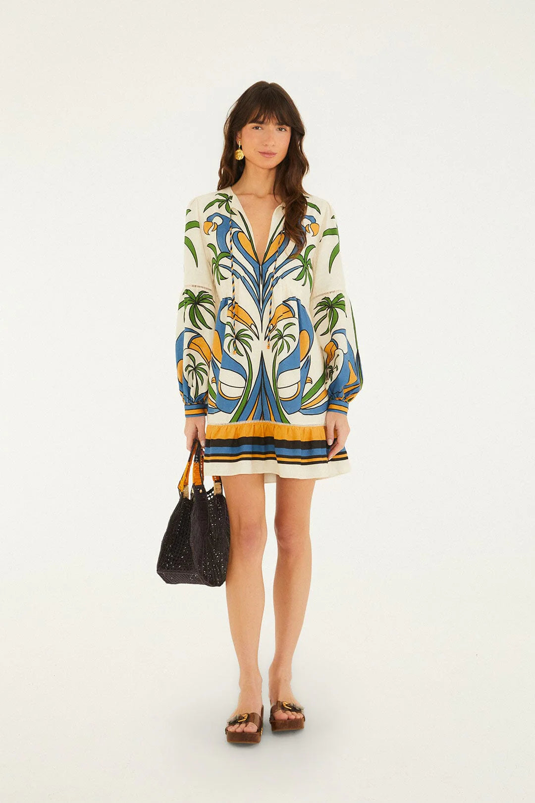 Sand Tropical Graphic Lace Ruffled Mini Dress