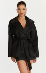Dahlia Coat - Single Breasted Belted Short Wool Like Coat in Black