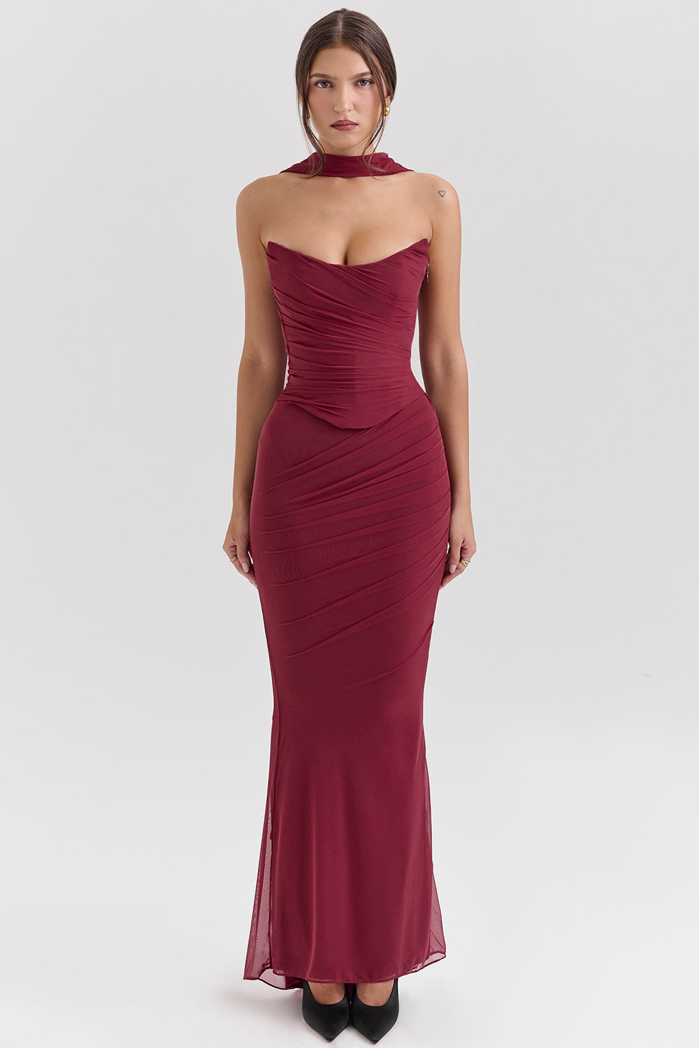 cabernet fluted hem mesh maxi skirt