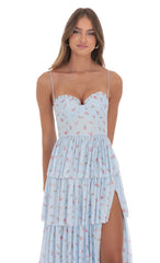 Floral Mesh Ruffle Maxi Dress in Blue