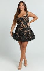 Sienna Mini Dress - 3D Floral Fit And Flare Dress in Black