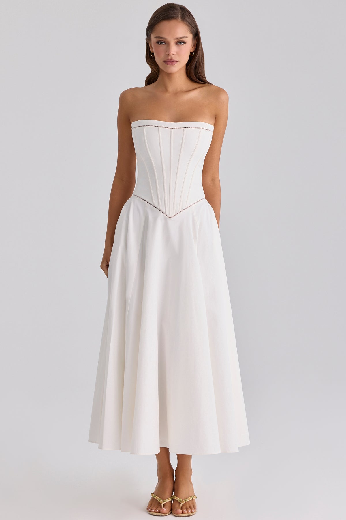 white cotton strapless maxi dress