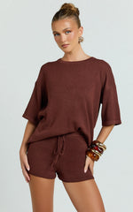 Valencia Two Piece Top And Shorts Set - Knit Tee And Shorts Set in Chocolate