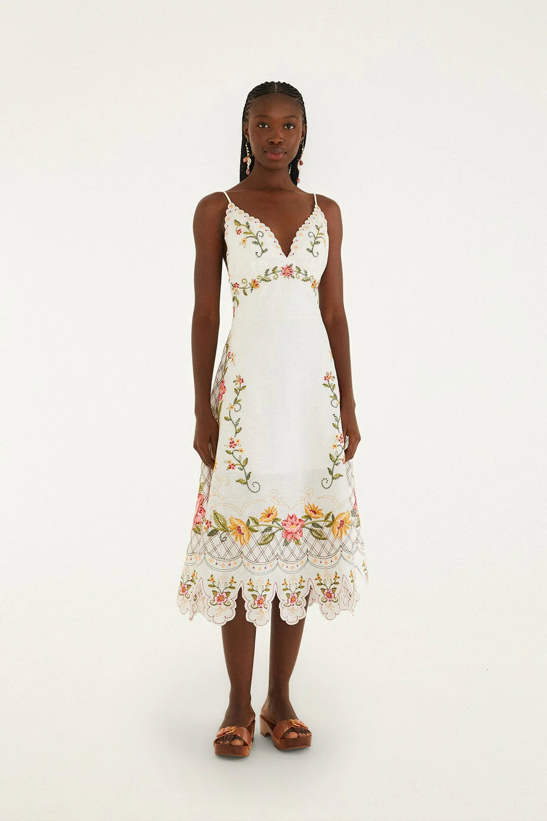 Off-White Flower Embroidery Asymetric Hem Midi Dress
