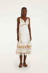 Off-White Flower Embroidery Asymetric Hem Midi Dress
